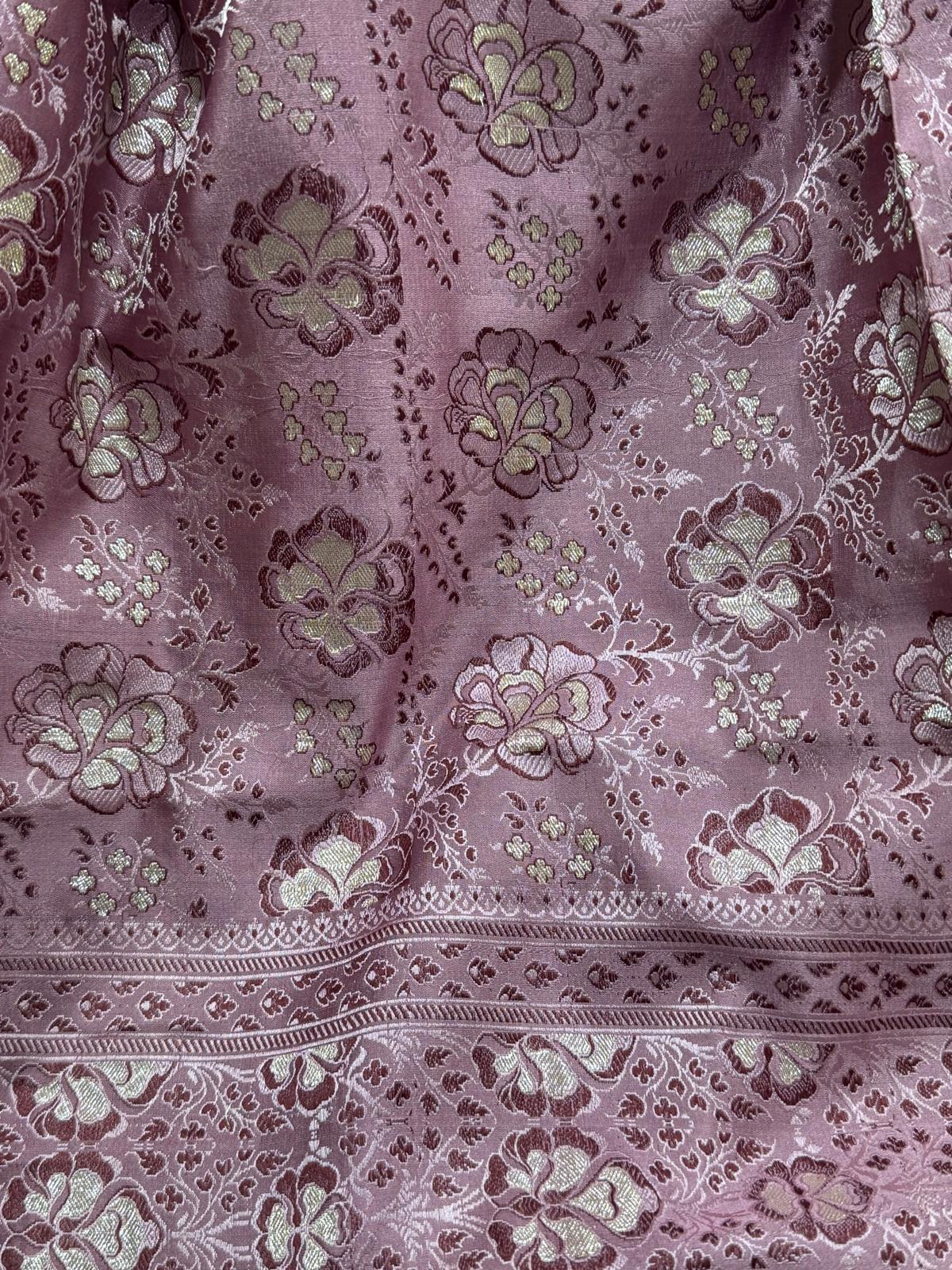 Banarasi Handwoven Silk Sari in Dusty Mauve with Silver Zari Floral Detailing – Crafted in Varanasi