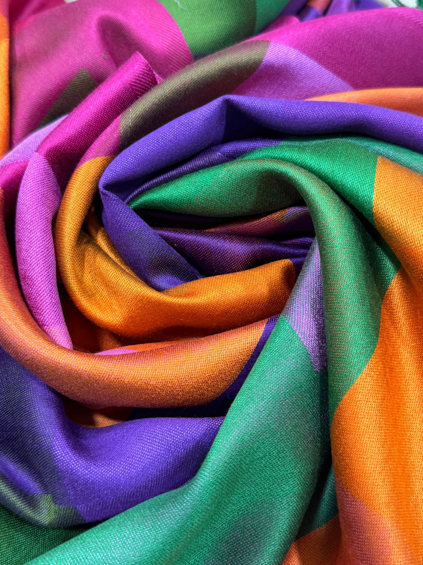 Vibrant Multicolour Geometric Shawl – Satin Finish, Lightweight Drape (Made in India)