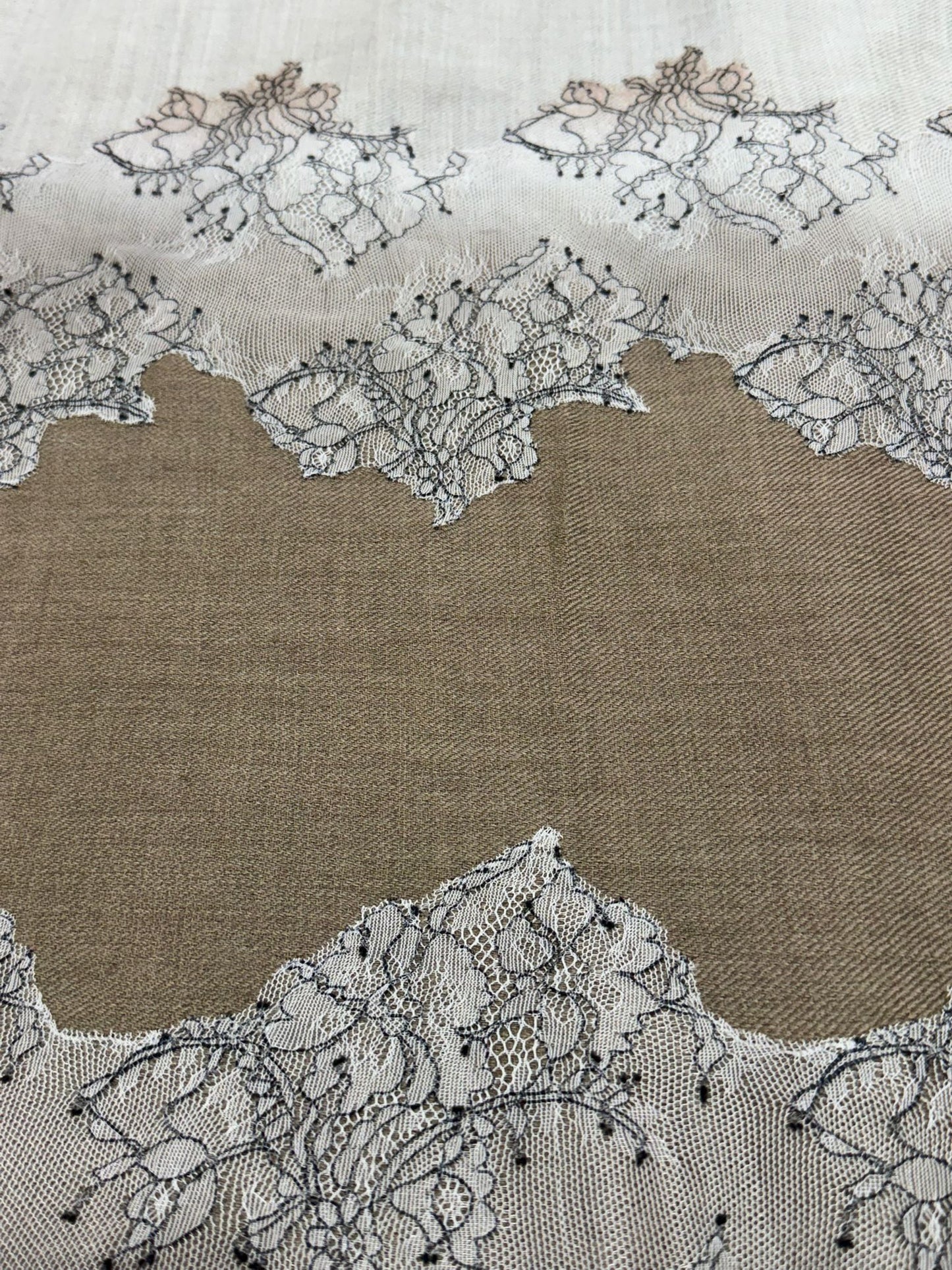 Lace-Trimmed Wool Shawl in Taupe & Stone Ombre