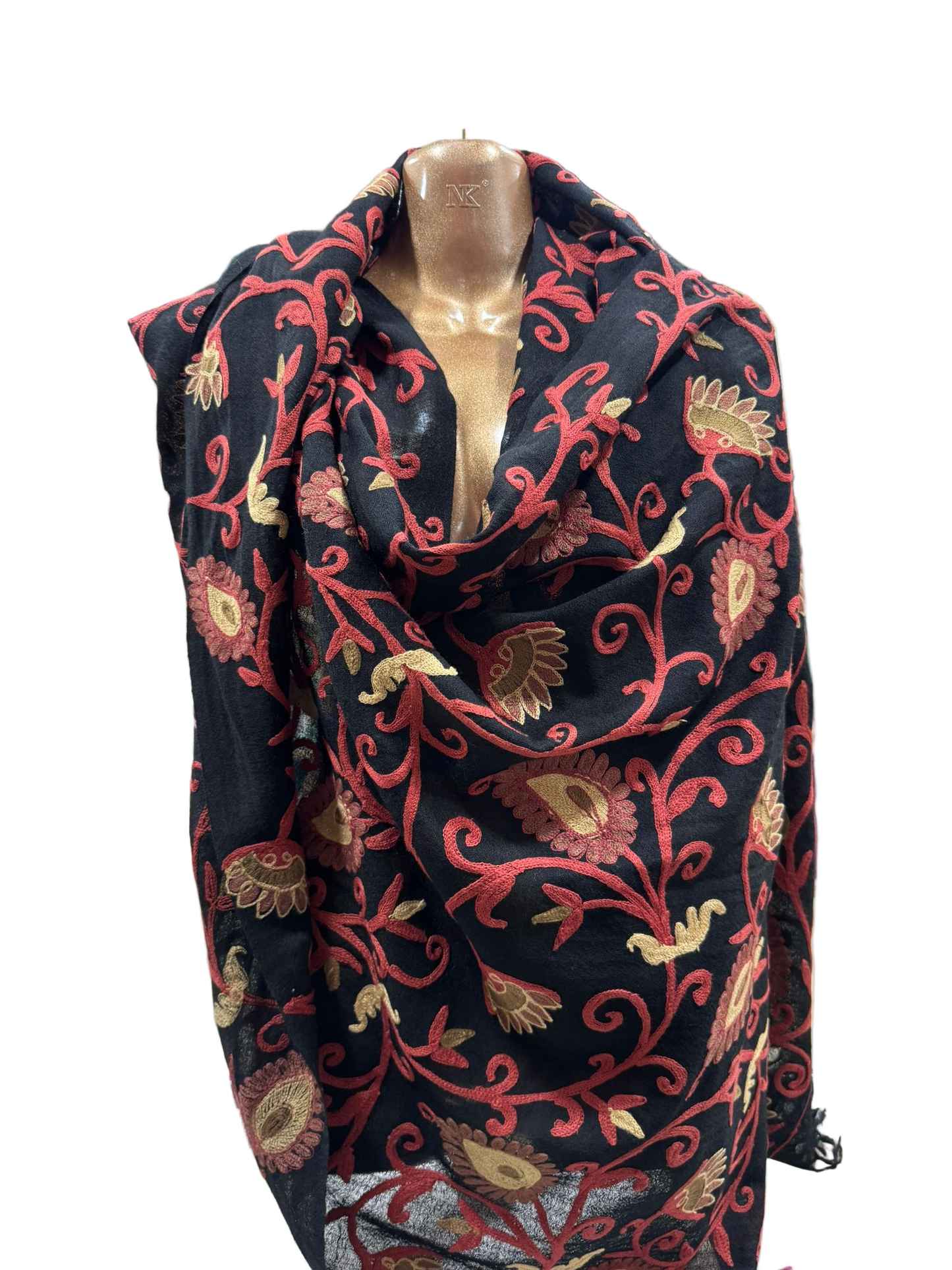 Embroidered Linen-Blend Shawl in Black & Red Floral Vine Design