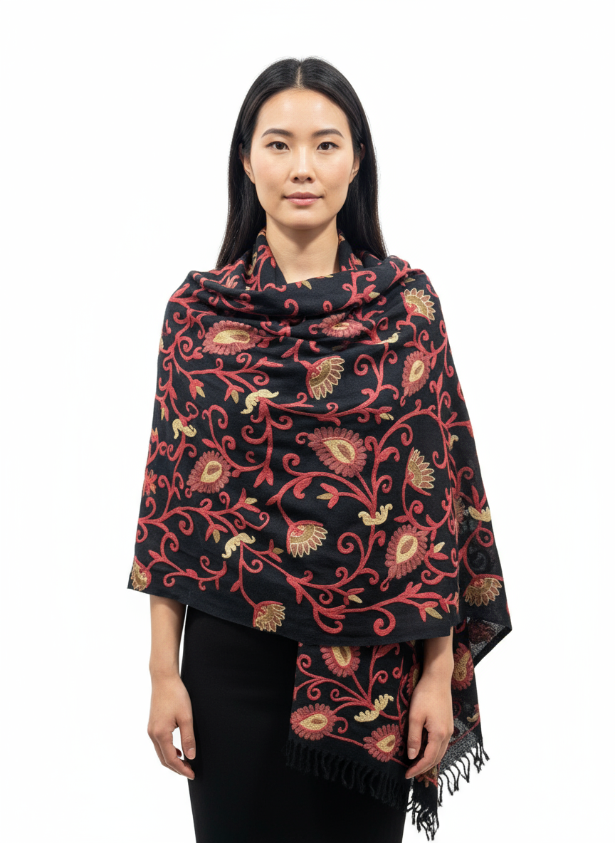 Embroidered Linen-Blend Shawl in Black & Red Floral Vine Design