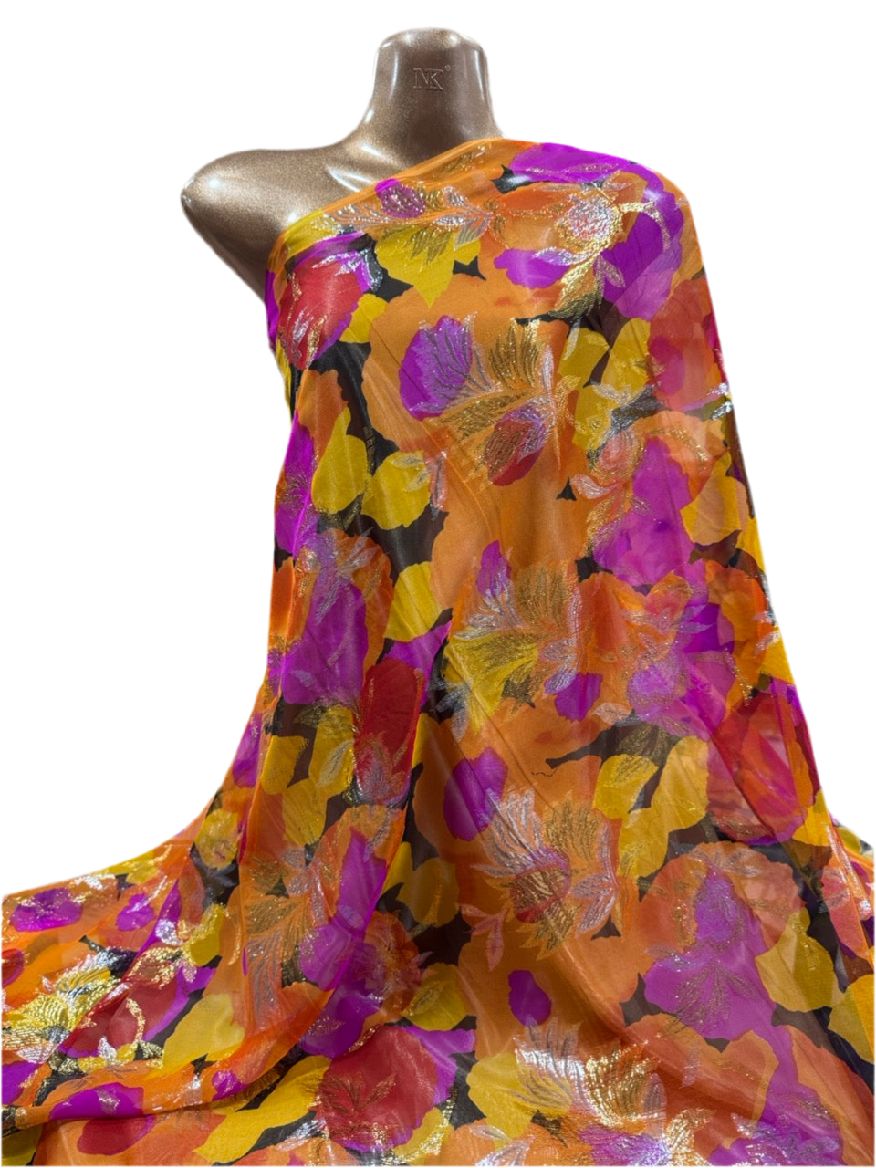 Korean Silk Chiffon with Gold & Silver Lurex – Orange Floral (2 Metres)