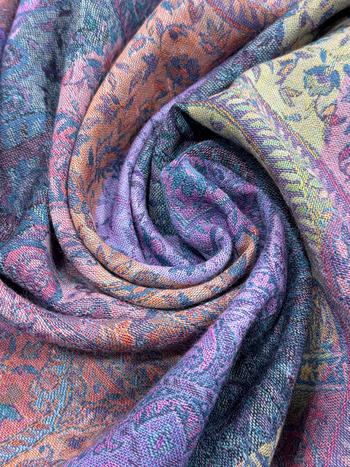 Wool Jacquard Shawl in Deep Plum and Indigo Tones with Intricate Paisley Weave – 100cm x 210cm