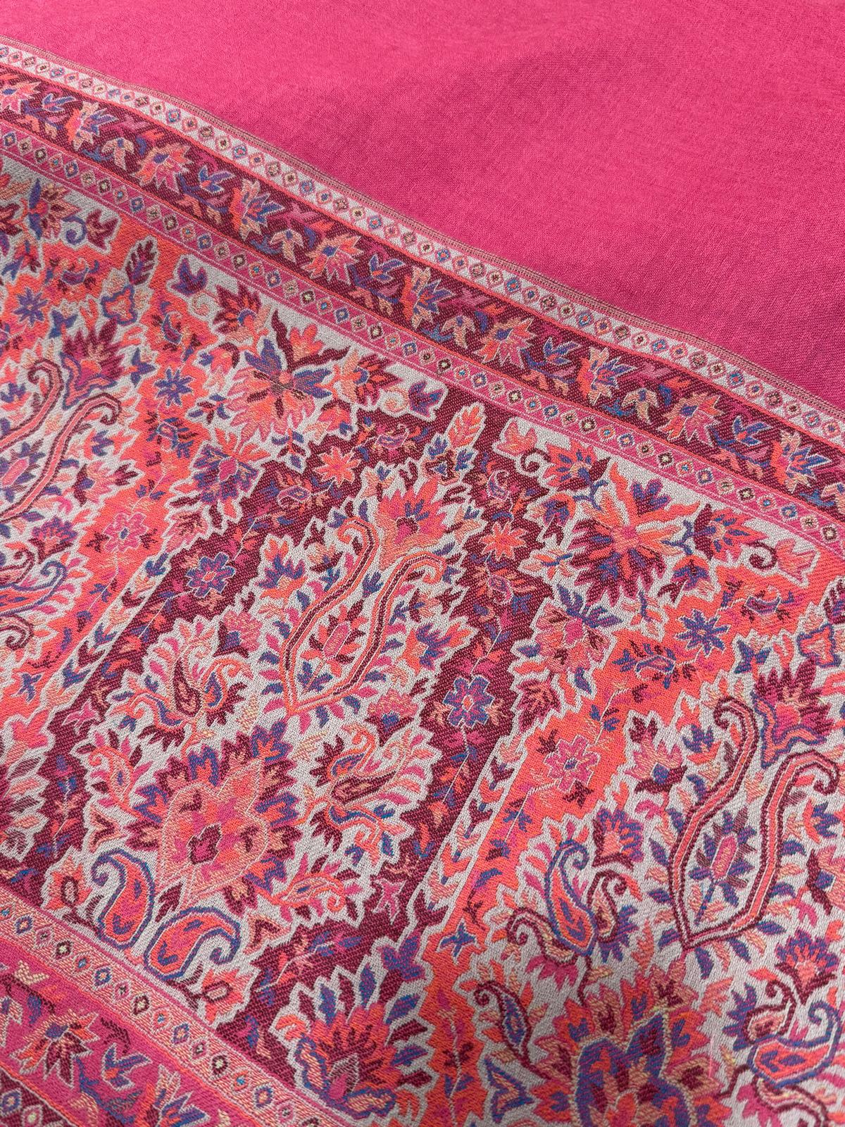 Kashmiri Wool Shawl – Rose Pink with Traditional Sozni Border (100% Wool, Made in India)