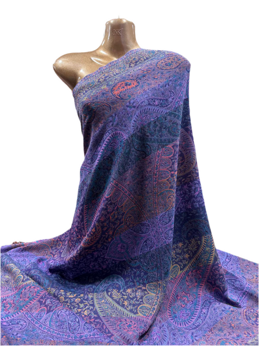 Wool Jacquard Shawl in Deep Plum and Indigo Tones with Intricate Paisley Weave – 100cm x 210cm