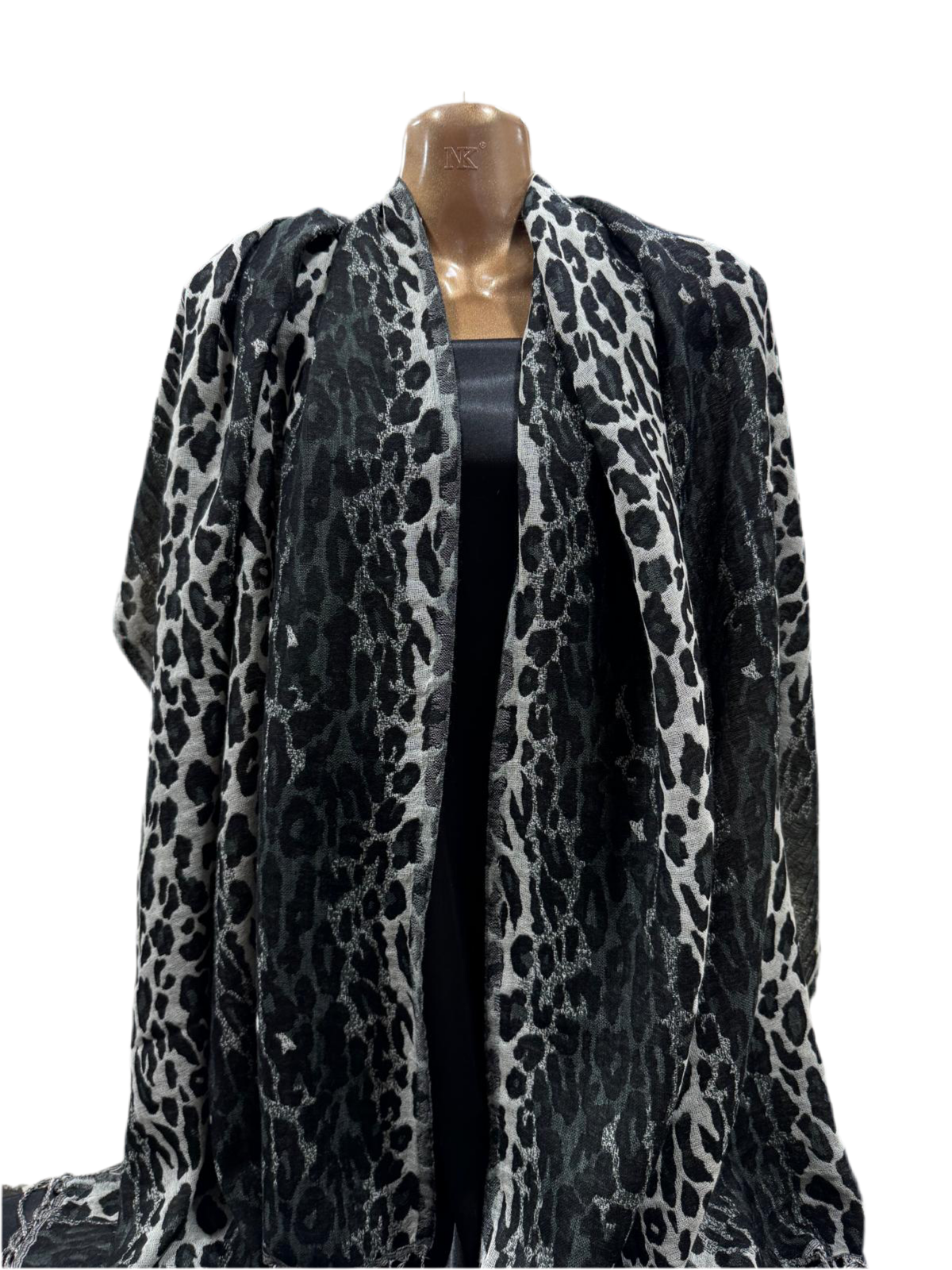 Wool Shawl in Charcoal and Grey Leopard Jacquard – 70cm x 190cm