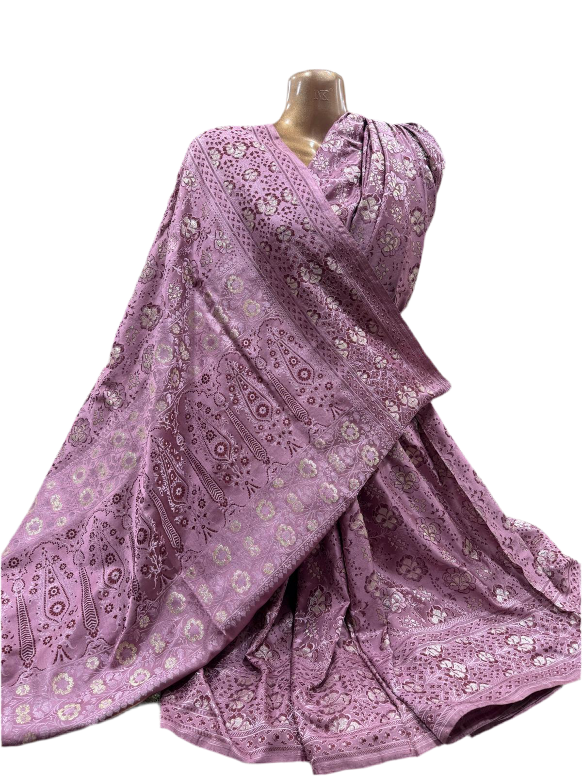 Banarasi Handwoven Silk Sari in Dusty Mauve with Silver Zari Floral Detailing – Crafted in Varanasi