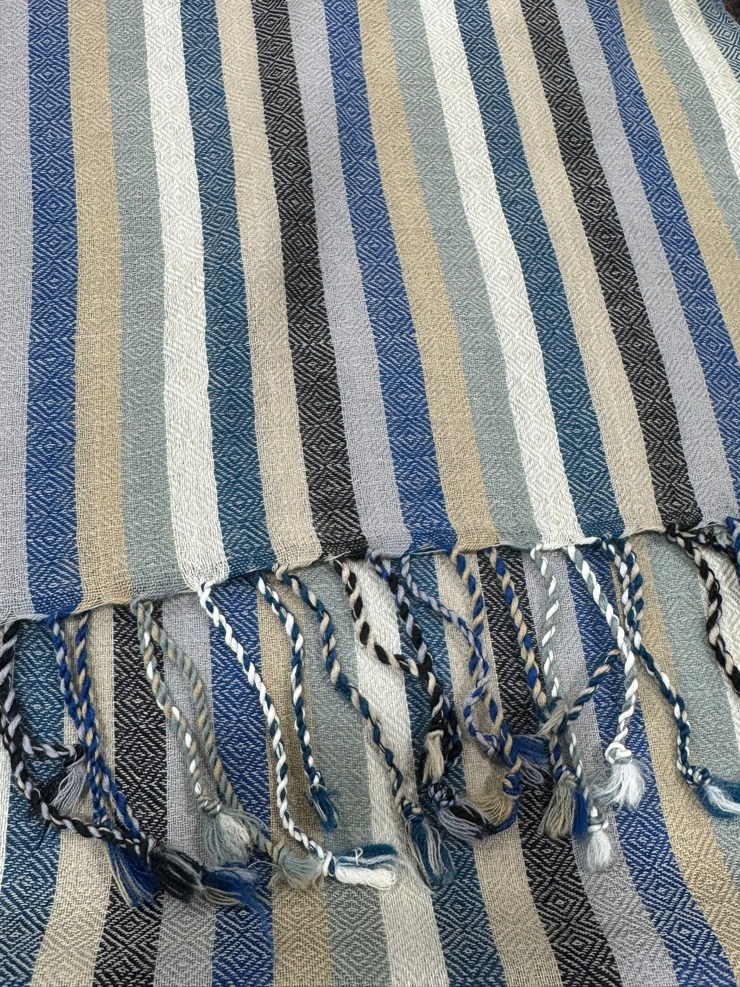 Striped Wool-Blend Shawl in Blue & Sandstone Tones