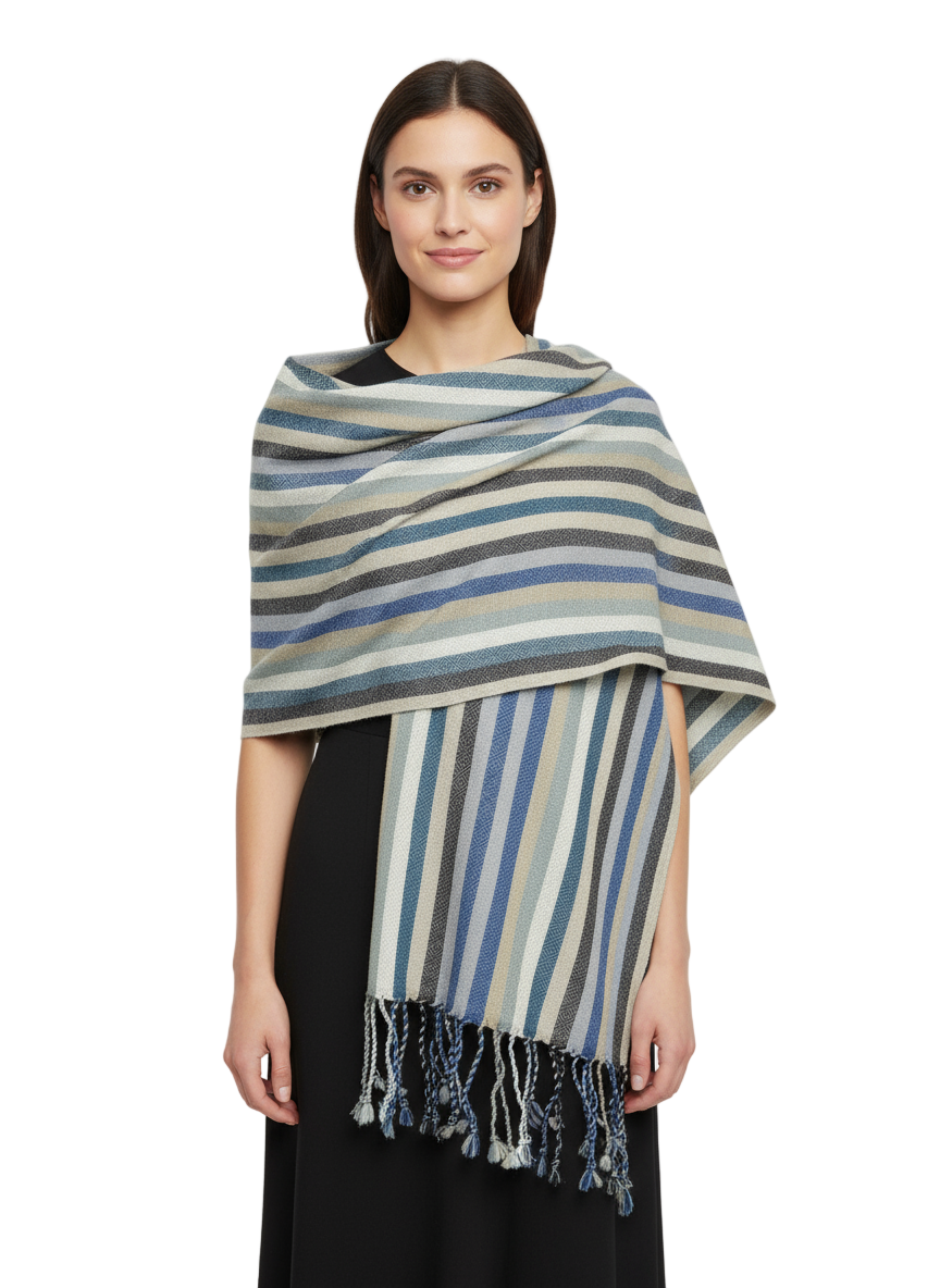 Striped Wool-Blend Shawl in Blue & Sandstone Tones