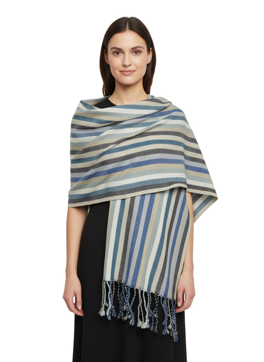 Striped Wool-Blend Shawl in Blue & Sandstone Tones